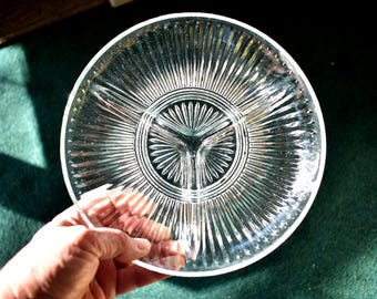 Vintage Clear Glass Divided Relish Dish with Starburst Design ~ 7 3/4" Dia.
