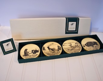 Vintage Barlow North American Wild Life Etched Coasters, 1980s 4pc Box Set