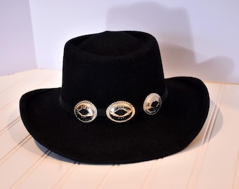 Vintage Stylish Ladies Black Cowboy Hat with Decorative Silver Conchos