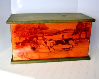 Caja de juguetes rústica vintage con motivo de caza del zorro