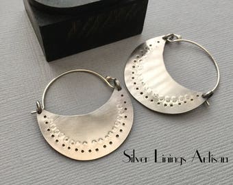 Sterling Silver, Hoop Earrings, Tribal, Hand Forged, Textured Hoops, Contemporary, Crescent, Artisan Hoop earrings