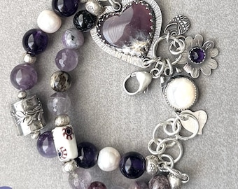 One of a Kind Amethyst & Pearl Bracelet, Handcrafted Sterling Floral Bead, Boho Artisan