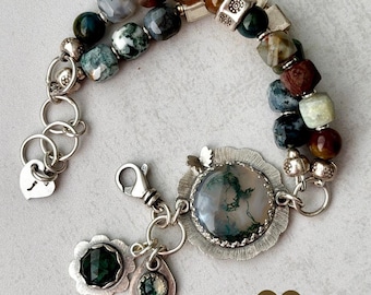 Boho Bracelet Sterling Silver, Moss Agate, Karen Hill Tribe Cube beads