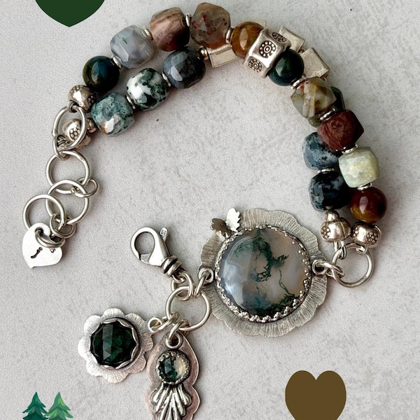 Boho Bracelet Sterling Silver, Moss Agate Cube beads, One-of-a-kind