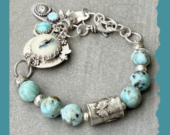 Bracelet, Larimar Gemstone Beads, One-of-a-kind Boho Bracelet Sterling Silver