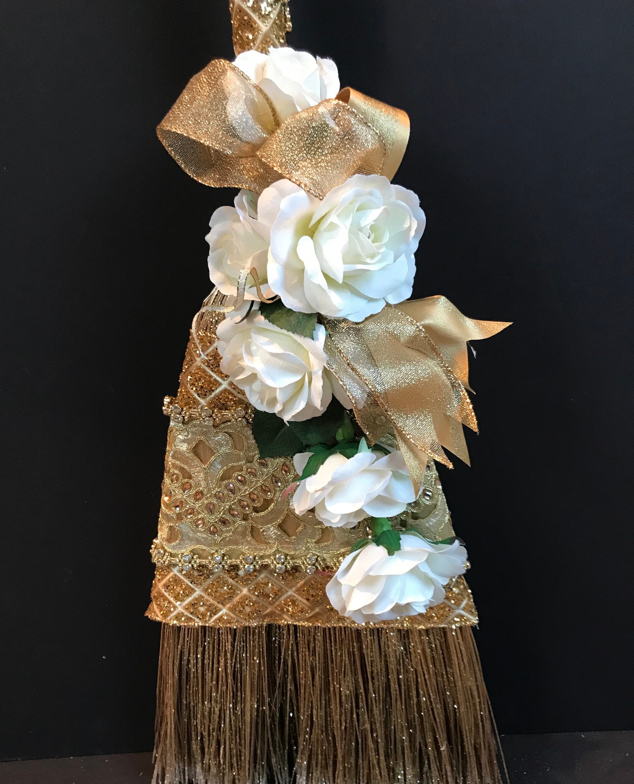 Golden Beauty Wedding Broom With White Roses