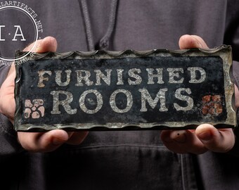Antique "Furnished Rooms" Scalloped Glass Foil Back Sign