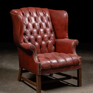 Wingback Tufted Leather Chesterfield Armchair in Burnt Red