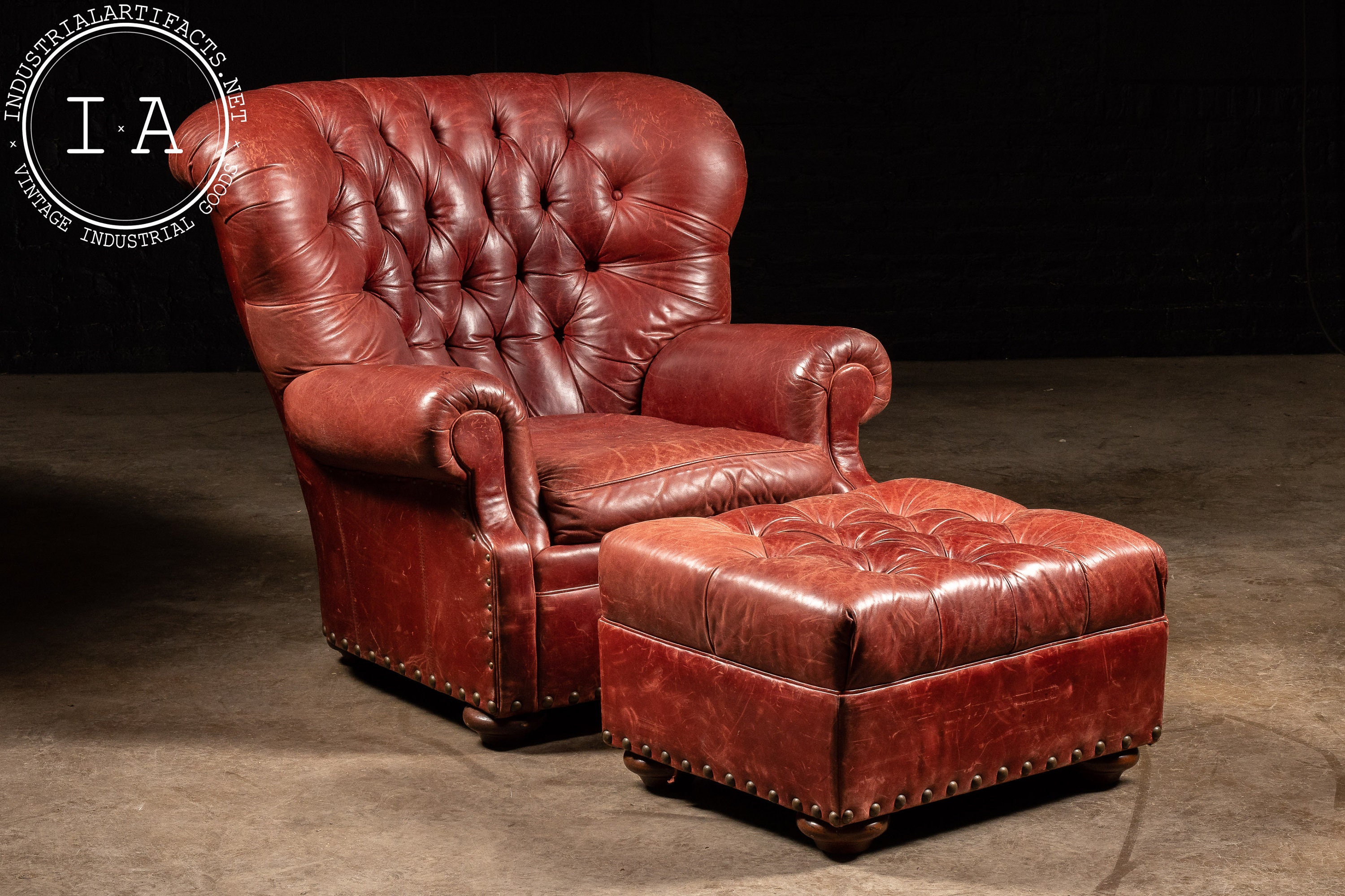 væv weekend Byg op Vintage Tufted Full Grain Leather Chair and Ottoman in Red - Etsy