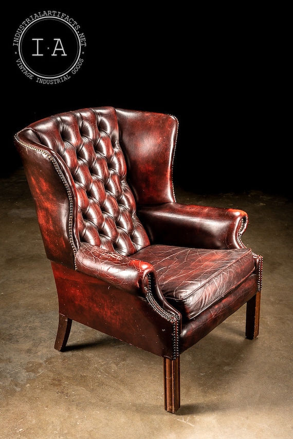 Vintage Tufted Leather Wingback Chair in Oxblood Etsy