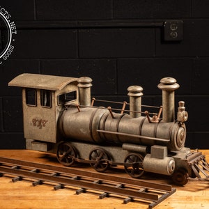 Early 20th Century Galvanized Steel Steam Locomotive Model on Track