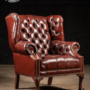 Early Tufted Leather Chesterfield Armchair in Red