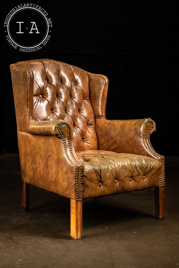 Vintage Tufted Leather Wingback Chair in Camel Brown Etsy UK