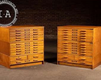 Pair of Vintage Oak Double-Stack Flat Files on Bases by Mayline