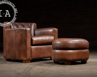 Vintage Leather Clamshell Club Chair and Ottoman Set