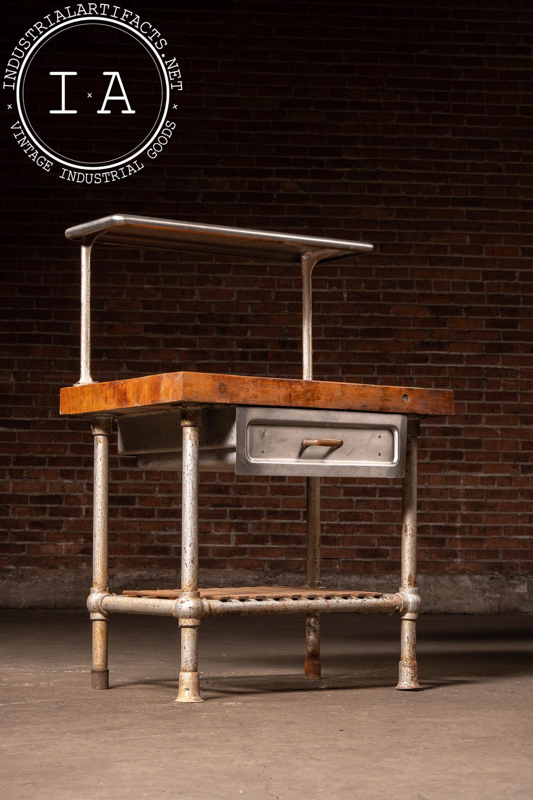 Biutcher Shop Rails Industrial Butcher Block Prep Station With Pipe Frame and Overhead Rail ...