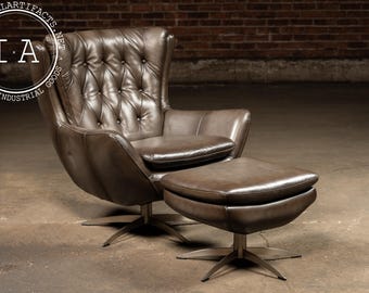 MCM Tufted Leather Wingback Swivel Chair with Ottoman in Grey