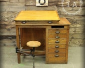 Antique 7 Drawer Swivel Stool Wooden Drafting Table