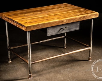 Vintage Butcher Block Table With Drawer