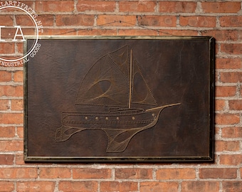 MCM Leather-Backed Brass Wire Sailboat String Art