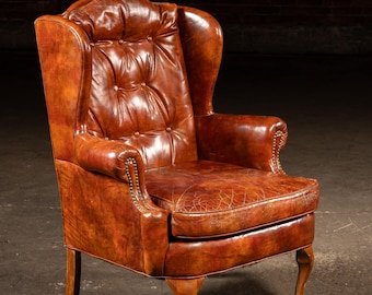 Tufted Leather Wingback Armchair in Burnt Amber