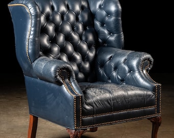 Vintage Tufted Leather Chesterfield Armchair in Blue