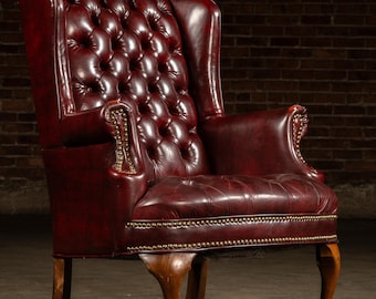 Vintage Tufted Leather Wingback Chesterfield Armchair in Oxblood