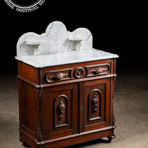 Late 19th Century Eastlake Victorian Walnut Commode Wash Stand with Marble Top