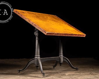 Vintage Adjustable Height Industrial Drafting Table With Cast Iron Base