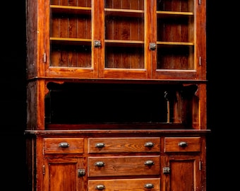 Antique Pine Farmhouse Step-Back Kitchen Hutch
