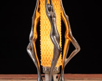 Art Deco Figural Nymph Lamp with Hobnail Glass Shade