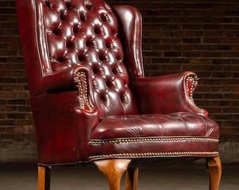 Vintage Tufted Leather Wingback Chesterfield Armchair in Oxblood