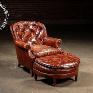 Vintage Tufted Leather Chesterfield Armchair and Ottoman by Hickory Chair