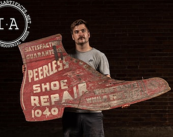 Antique "Peerless Shoe Repair" Double-Sided Painted Wooden Sign