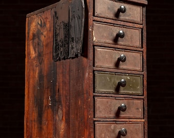 Early Wooden Parts Cabinet with Metal Drawers