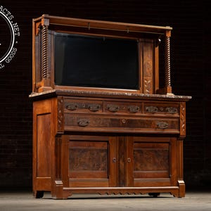 Antique Wooden Buffet Cabinet With Red Marble Top