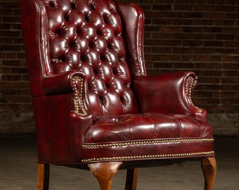 Vintage Tufted Leather Wingback Chesterfield Armchair in Oxblood