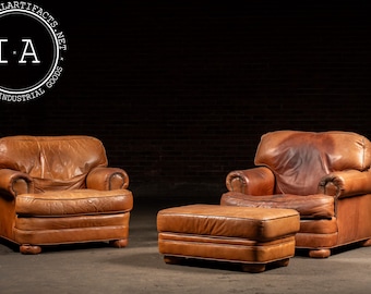 Pair of Vintage Leather Club Chairs with Matching Ottoman by Emerson
