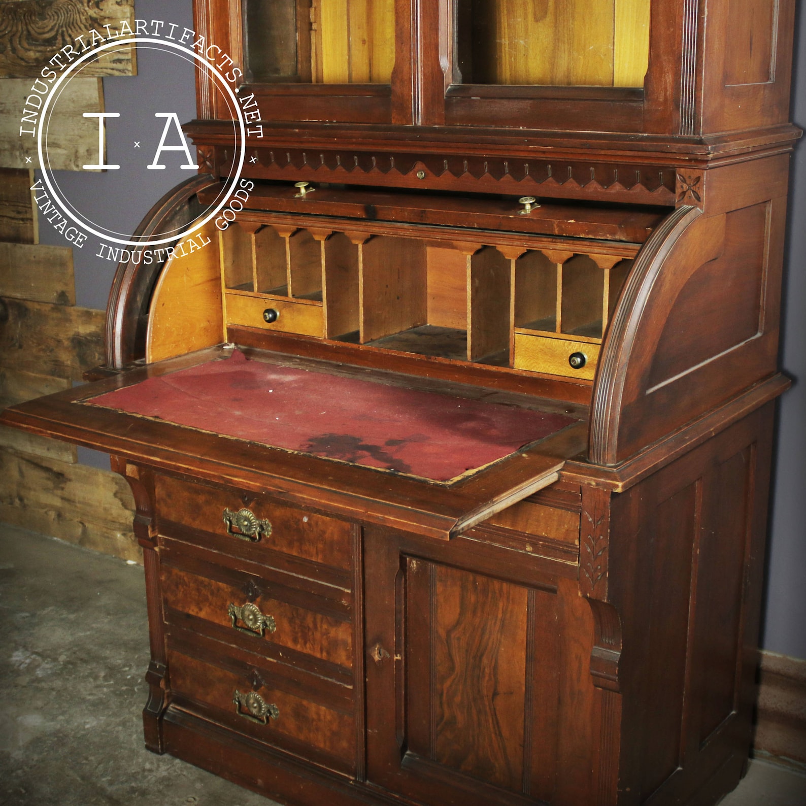 Antique Eastlake Walnut Cylinder Roll Top Desk w/ Glass Front Etsy