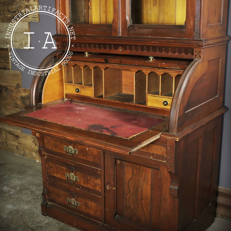 Antique Eastlake Walnut Cylinder Roll Top Desk w/ Glass Front Etsy