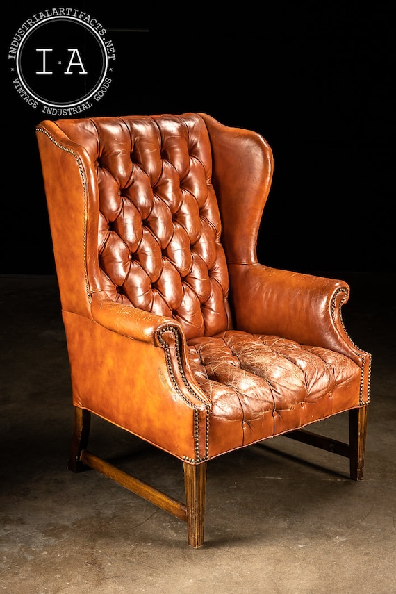 Vintage Tufted Leather Wingback Chair in Burnt Orange Etsy