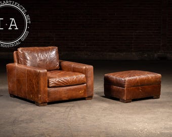 Full Grain Leather Leather Club Chair and Ottoman in Brown by RH