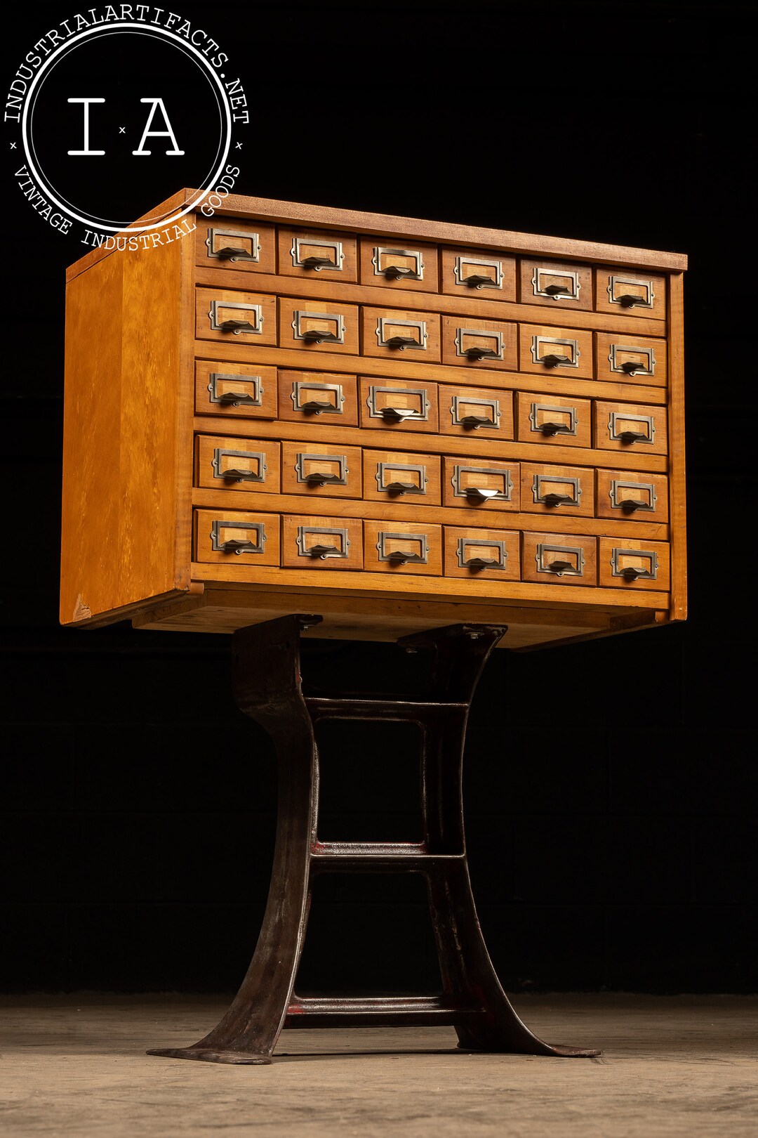 MCM Oak Card Catalog on Antique Cast Iron Base Etsy