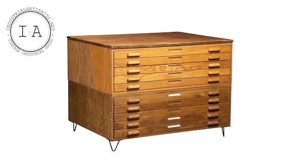 Antique Double Stack Wooden Flat File Cabinet With Hairpin Legs Etsy