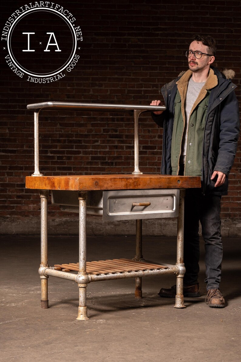 Biutcher Shop Rails Industrial Butcher Block Prep Station With Pipe Frame and Overhead Rail ...