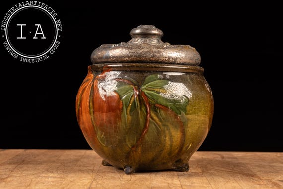 ceramic tobacco jar Antique Glazed with Embossed Lid Industrial Artifacts Laudisi Distribution Group