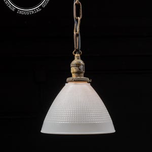 Vintage Brass Hanging Lamp With Holophane-Inspired Milk Glass Shade