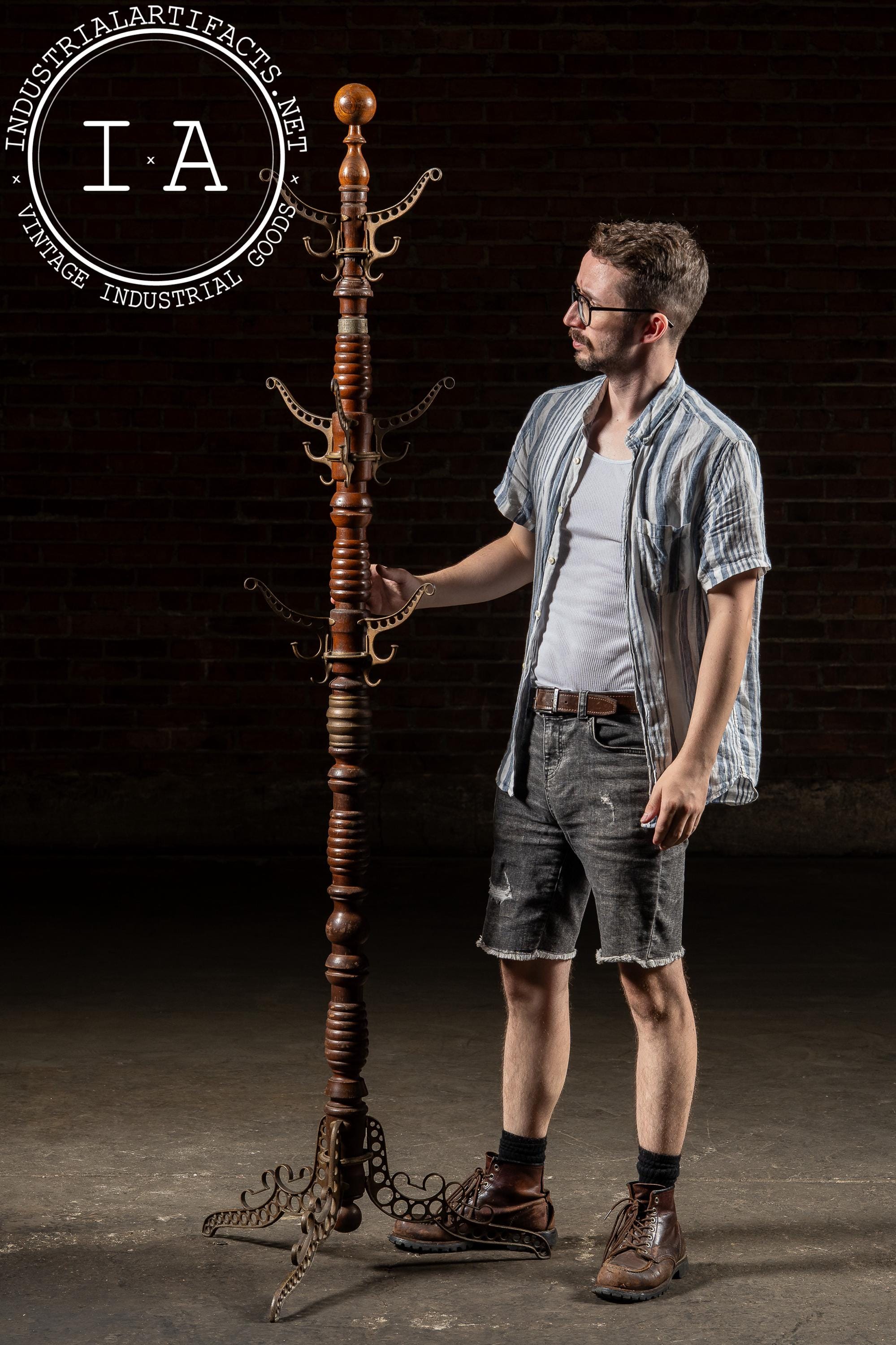 Late 19th Century Turned Oak and Cast Iron Coat Tree by Udell
