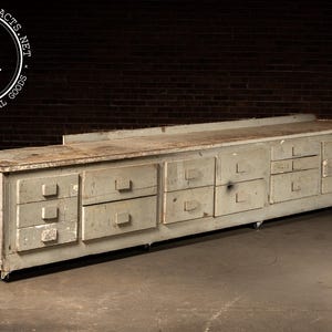 Monumental Industrial Shop Workbench Cabinet with Labeled Drawers