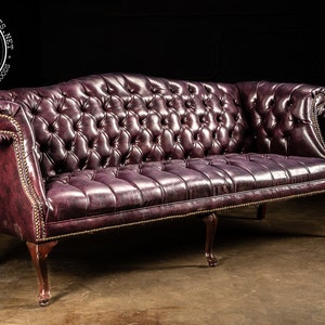 Tufted Leather Chippendale Sofa in Royal Purple